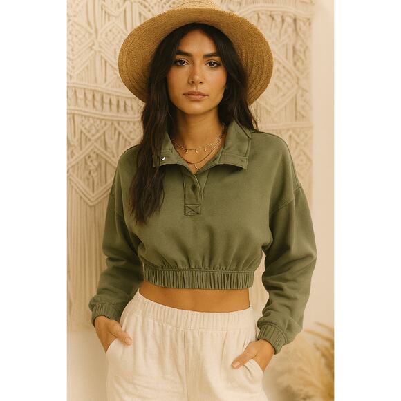 Aeropostale Cropped Sweatshirt Women’s XS Olive Green Button Pullover - Picture 1 of 8